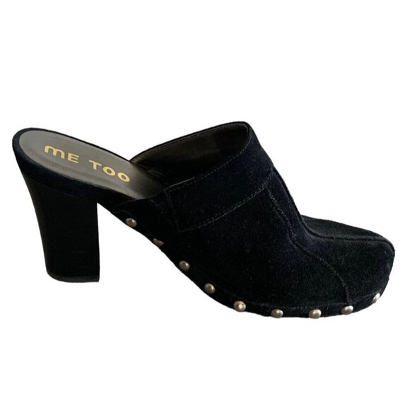 ME TOO Black Suede Leather Studded Platform Heeled Women's Clogs Mules Size 8M - Picture 4 of 9